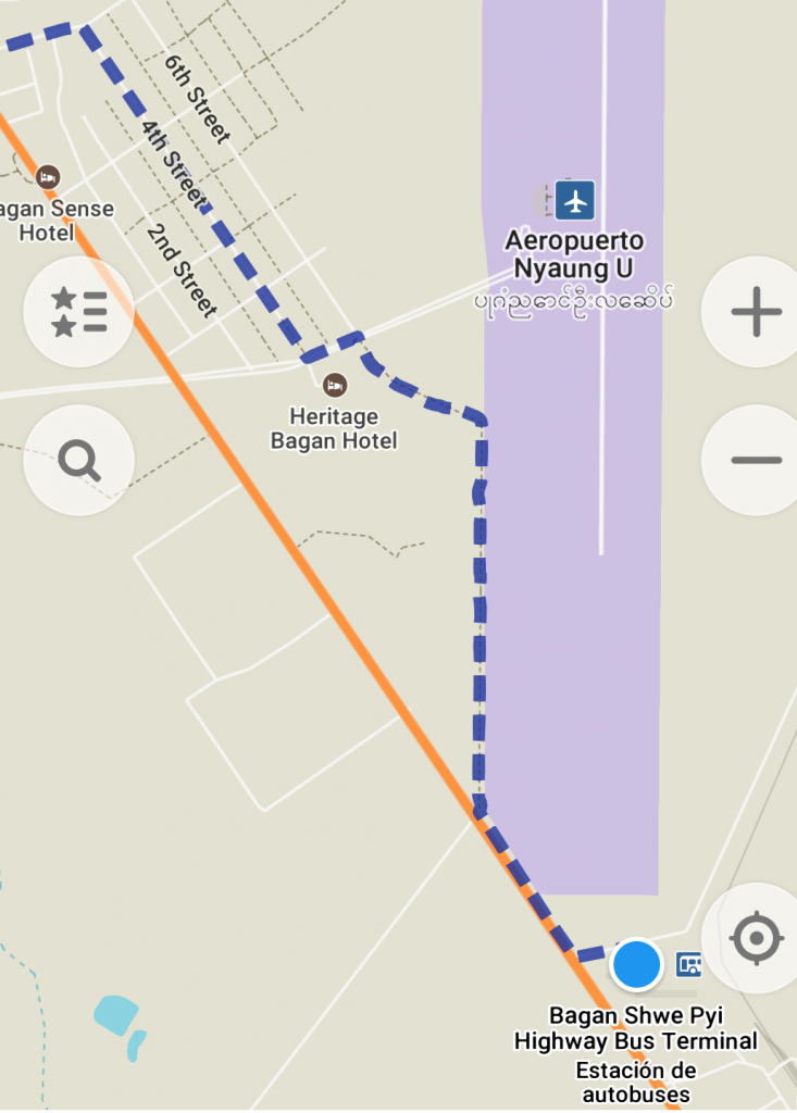 Mapa para ir caminando desde la estación de bus hasta Nyaung-U 